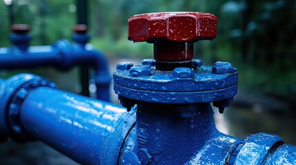 Close-up of blue water main pipe with air hose and isolated red product in park setting.