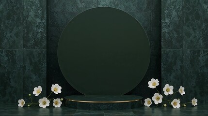 Dark Green Marble Background White Flowers Circular Platform Elegant Display image