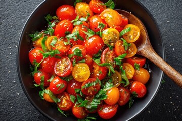 Colorful tomato salad with fresh herbs.