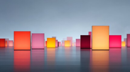 Colorful translucent cubes of various sizes are arranged on a reflective surface against a soft gradient background.
