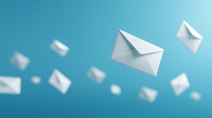 White paper envelopes floating against a blue background, symbolizing email, communication, and message delivery.