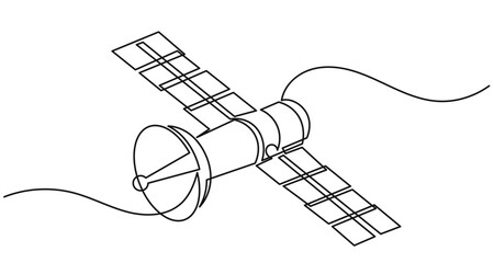 Continuous line drawing of an outer space satellite, showing simple orbit communication. Minimal outline style. Satellite isolated on a white background in a flat vector style. satellite vector .