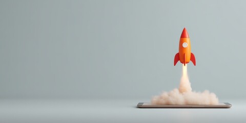 A small red rocket is launching upward from a smartphone screen, symbolizing innovation, startups, or technology growth.