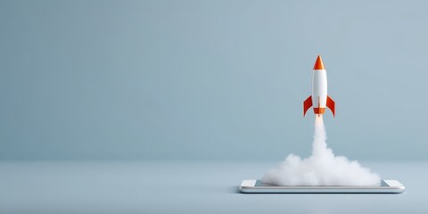 A small rocket is launching from a smartphone screen, symbolizing innovation and digital growth against a plain background.