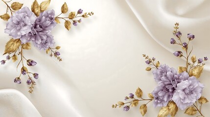 Lavender and Gold Floral Arrangement on Cream Silk Drape Elegant Botanical Digital Art flowers