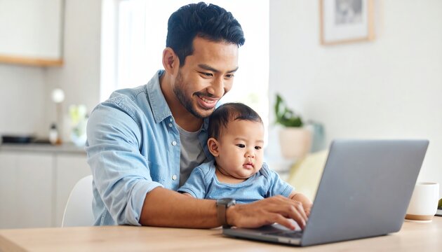 Dedicated father typing on laptop at home while cuddling his baby in a warm and loving moment of connection