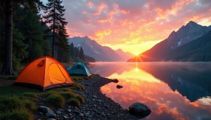 Sunrise paints tranquil lake, tents neatly lined on shore, camping, lake