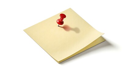 Yellow note with red pin, paper note, Push pin isolated, Office stationery