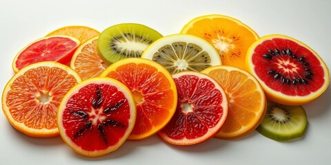 Vibrant tropical fruit slices arranged on a flat surface, vitamin c, ingredients