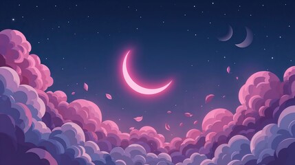 Pink Crescent Moon Dreamy Night Sky Pastel Cloudscape Digital Art image