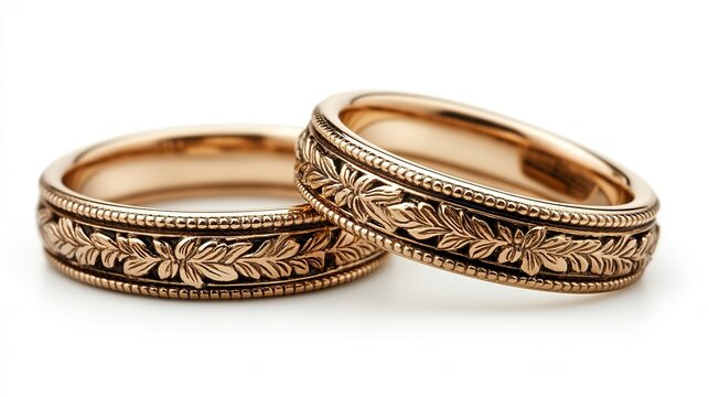 Ornate gold wedding bands, engraved with leaf patterns