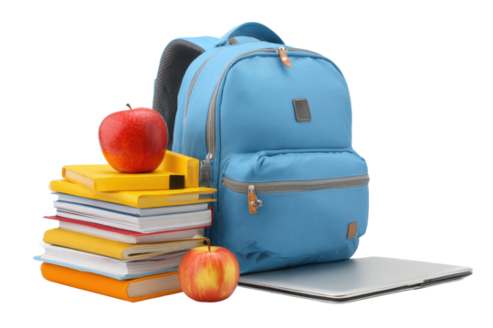 Blue Glitter Backpack Surrounded by Colorful Notebooks and Red Apples
