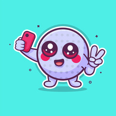 smiling golf ball character mascot taking a selfie with a smartphone isolated cartoon 