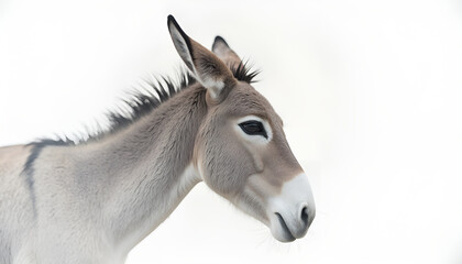 Obraz premium Detailed close-up of a gray donkey's head against a plain white background in bright, natural light