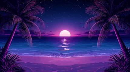 Pink Sunset Tropical Beach Night Scene Palm Trees Ocean Waves Starry Sky Vivid Colors Digital Art