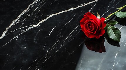 Single red rose resting on a smooth black marble surface with subtle reflections