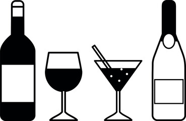 お酒、ワインとシャンパンとグラスのベクターアイコンセット