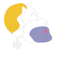 This abstract line art illustration depicts two faces in profile, subtly intertwined. One face is outlined with a yellow shape, the other with a purple, accented by pink lips, creating a minimalist ye