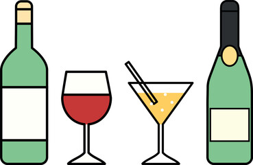 お酒、ワインとシャンパンとグラスのベクターアイコンセット