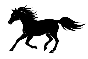 Black Silhouette of a Wild Horse Running with Mane and Tail Extended Ears Forward running horse black horse