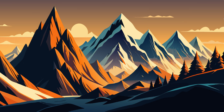 Majestic Sunset Mountain Range Linear Art Vector Graphic Orange Blue Peaks Snowcapped Landscape Illustration