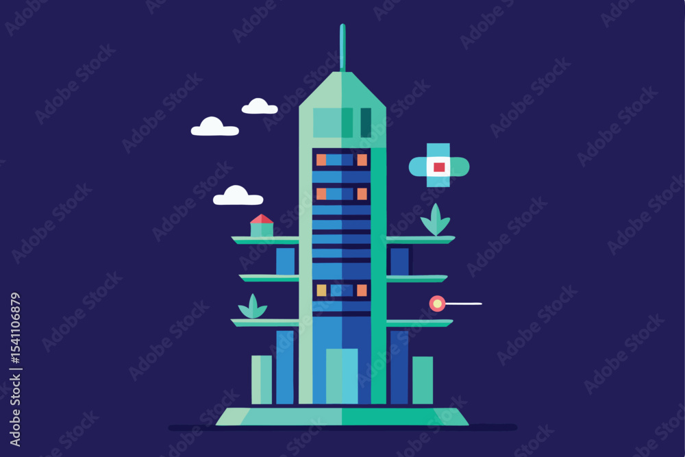 Poster modern abstract skyscraper design with intricate details on a dark background
