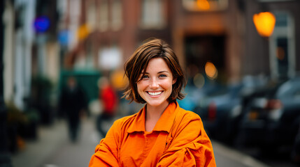 Fototapeta premium Smiling delivery professional in orange, exuding warmth and approachability, embodying reliable service with a personal touch.