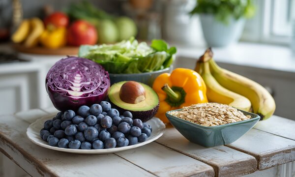 Abundant Fresh Produce Still Life with Blueberries Avocado Quinoa Red Cabbage Lettuce Bananas and Yellow Bell Pepper Displayed on Rustic Wooden Table in Bright Kitchen Setting Nutritional Composition