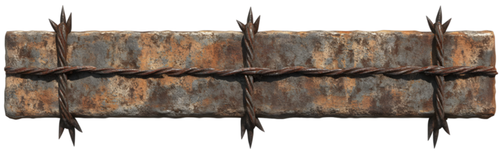 Rusty metal beam and barbed wire, evoking themes of restriction, decay and corrosion