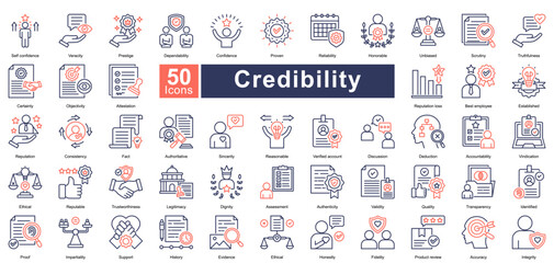 Credibility icon set contains 50 icons including, objectivity, attestation, reputation loss, best employee, established, reputation, consistency, fact, authoritative, simple vector dual tone style