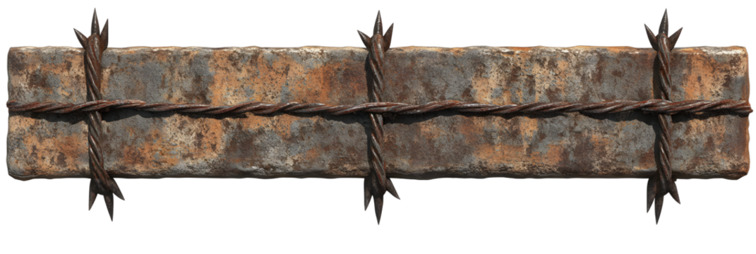 Rusty metal beam and barbed wire, evoking themes of restriction, decay and corrosion