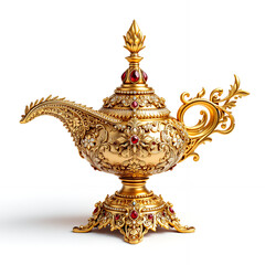 Ornate Golden Aladdin's Lamp with Red Gemstones A Detailed Close-Up