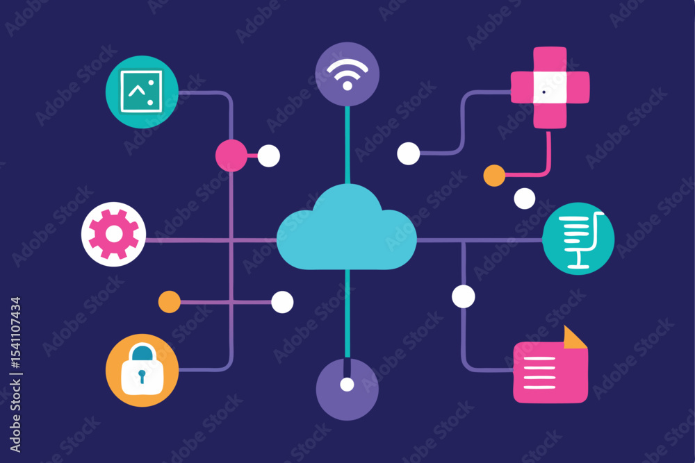 Poster stylized customer data connection illustrated with various digital elements and symbols