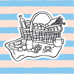 Line art vector illustration of an outdoor picnic scene. It includes classic elements such as a blanket, food, fruit, drinks, bread, flowers, and a basket. A delicate and relaxing doodle-style design.