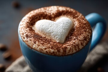 Fototapeta premium A heart-shaped marshmallow atop a frothy, cocoa-dusted coffee drink.
