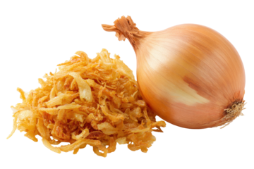 Golden Crispy Fried Onions And Fresh Raw Onion Isolated On Transparent Background