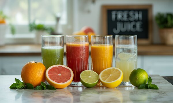 Assorted Fresh Fruit Juices on Marble Countertop with Citrus Fruits and Mint A Colorful Selection of Healthy Drinks Orange Grapefruit Lemon and Lime Juices in Clear Glasses with Kitchen Background - Powered by Adobe