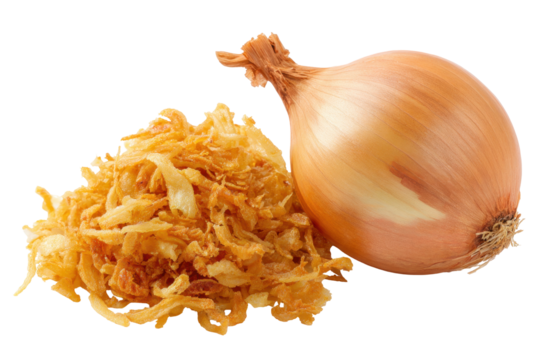 Golden Crispy Fried Onions And Fresh Raw Onion Isolated On Transparent Background