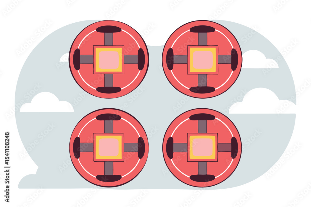 Aufkleber abstract composition featuring red circles with geometric center design and white clouds.