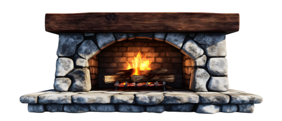 Realistic stone fireplace with burning wood logs and flames against black background