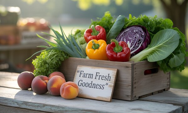 Bountiful Harvest of Farm-Fresh Vegetables and Ripe Peaches in Wooden Crate Showcasing Red and Yellow Bell Peppers and Green Onions and Lettuce and Red Cabbage on Rustic Wooden Table in Natural
