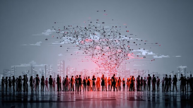Silhouette crowd interacting with a digital network