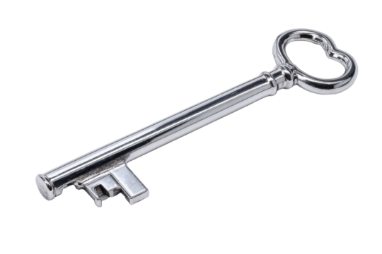 Shiny Silver Skeleton Key With Heart Shaped Handle On Transparent Background