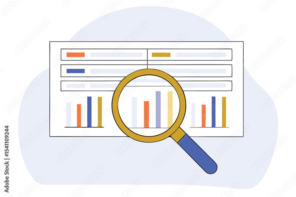 Poster data analysis concept with magnifying glass examining business chart on white background