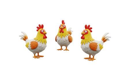 Fototapeta premium Three Cartoon Chicken Figurines with Bright Colors and Playful Expressions on White Background