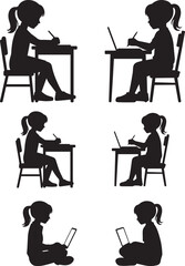 Fototapeta premium Silhouettes of Girl Studying at Desk and Using Laptop or Tablet vector