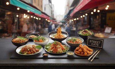 Culinary Symphony Asian Street Food Display Featuring Noodle Bowls and Vibrant Salads on Dark Countertop under Soft Lighting against a Lively Blurred Street Market Background for Asian Cuisine