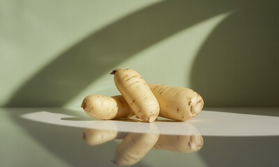 Daikon Radishes Still Life with Pastel Green Background and Reflective Surface Creating a Clean Fresh Aesthetic Displaying Vegetable Ingredients for Health Conscious Foodies And Culinary Art Projects