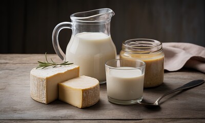 Dairy Still Life with Fresh Milk Ghee and Cheese on Rustic Wood A Clear Glass Pitcher Fills with White Milk Displaying Light Yellow Cheese a Glass of Milk and Rich Golden Ghee Under Soft Studio