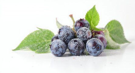 Dazzling Sugar-Dusted Blueberries Display with Vibrant Green Leaves on White Backdrop A Captivating Close-Up Shot Showcasing Freshness Sweetness and Natural Beauty for Culinary Themed Visuals and